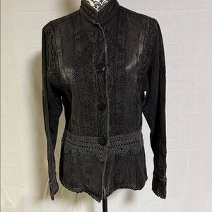Flashback Women's Black Stonewashed Embroidered Crochet Lace Trim Blazer Jacket